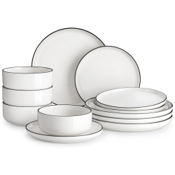 Conjunto de Pratos e Tigelas MALACASA, 12 Peças de Porcelana Moderna para 4 Pessoas, Jogo de Jantar Branco com Acabamento Preto