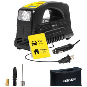 Compressor de Ar Elétrico Mini Portátil, 12V, com LCD e Led de emergência, 120W, 90 PSI, 110v, KENSUN EHRComp A58A, Preto