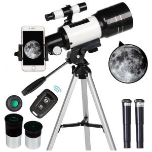 Telescópio Astronômico 15x150 com Adaptador de Celular e Controle Remoto sem Fio, ToyerBee, Branco
