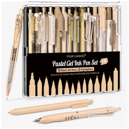 Canetas em gel Four Candies marrom com tinta preta e marrom e 2 marcadores pastel, ponta fina 0,5 mm retrátil, kit 14 peças para estudo