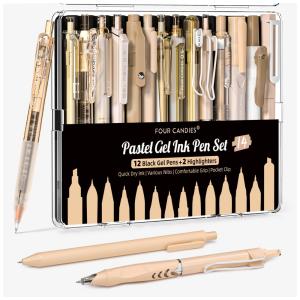 Canetas em gel Four Candies marrom com tinta preta e marrom e 2 marcadores pastel, ponta fina 0,5 mm retrátil, kit 14 peças para estudo