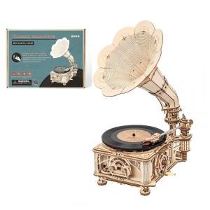 Quebra Cabeças 3D em Madeira para Adultos, Tema Toca Discos Vintage com 424 Peças, ROKR