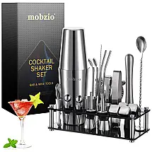 Kit Bartender Profissional 23 Peças em Aço Inoxidável com Suporte de Acrílico, Mobzio, Prata