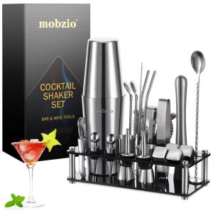 Kit Bartender Profissional 23 Peças em Aço Inoxidável com Suporte de Acrílico, Mobzio, Prata