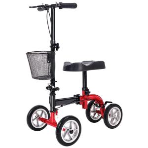 Andador 4 Rodas Dobrável com Cesta e Apoio para Joelho Ideal para Lesões Suporta 136kg, RINKMO, Vermelho
