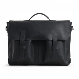 Bolsa Carteiro Masculina de Couro Grão Integral para Laptop com 15 Polegadas e Fecho Magnético, VELEZ, Preta