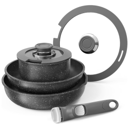 Jogo de Panelas e Frigideiras em Granito com Alça Removível e Indução, 6 Peças, Bazova, Preto