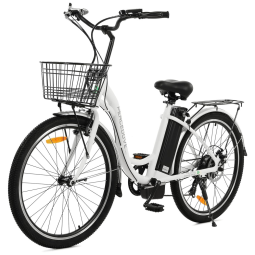 Bicicleta Elétrica Urbana Step-Through 350W, Bateria Removível 36V 10Ah, Autonomia Até 64 km, Quadro Alumínio 26", 4 Modos, Visor LED