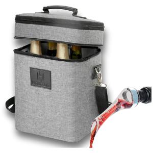 HAMILO Bolsa Térmica Para Transporte de Vinhos até 4 Garrafas com Zíper Expansível e Bolso para Abridor, Cinza