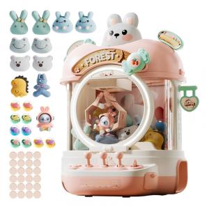 Máquina de Garra Rosa – Mini Arcade Infantil com 10 Pelúcias, 10 Mini‑Brinquedos, 10 Ovos Surpresa, 24 Moedas, Luzes LED e Som