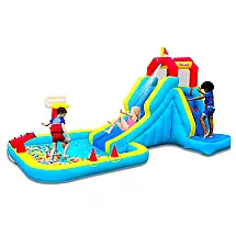 Escorregador Bounwell Inflável com Parede de Escalada, Tiro de Água, Cesta de Basquete e Piscina Splash – Diversão Garantida para Crianças