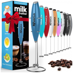 Espumador Elétrico de Leite em Aço Inoxidável a Bateria com Suporte, POWERLIX ND 5I5G 5KB3, Azul Escuro