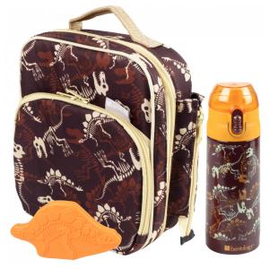 Kit Lancheira Infantil Dino com Isolamento Duplo, BENTOLOGY, Marrom
