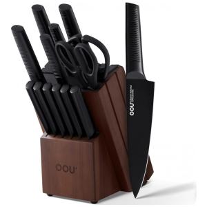 Conjunto de Facas em Aço Inoxidável com Bloco de Bancada e Afiador Embutido, 15 Peças, OOU, Preto