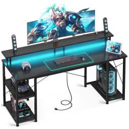 Mesa Gamer de Fibra de Carbono, 63" 160 cm com Luz LED, Tomadas, Prateleiras de Armazenamento e Suporte para Monitor, 110V, ODK