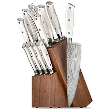 Conjunto de Facas em Aço Inoxidável com Afiador Embutido e Bloco de Bancada 12 Peças, YATOSHI KNIVES, Branco