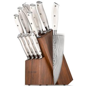 Conjunto de Facas em Aço Inoxidável com Afiador Embutido e Bloco de Bancada 12 Peças, YATOSHI KNIVES, Branco