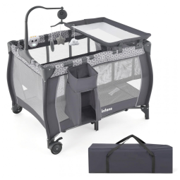 Berço Cercado Portátil 3 em 1 Dobrável com Colchão Removível, Trocador, Móbile, Bolsa de Transporte e 2 Rodas, INFANS, Cinza