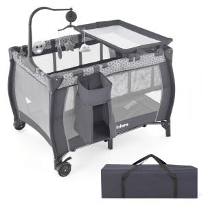 Berço Cercado Portátil 3 em 1 Dobrável com Colchão Removível, Trocador, Móbile, Bolsa de Transporte e 2 Rodas, INFANS, Cinza