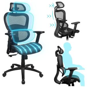 Cadeira de Escritório Ergonômica Giratória com Apoio de Braços 3D, Suporte Lombar Ajustável e Apoio de Cabeça, KOMENE 1388F, Preto