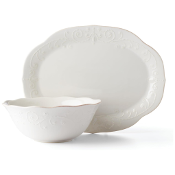 Conjunto de Prato Oval e Tigela para Servir, 2 Peças, Porcelana, Lenox French Perle, Branco