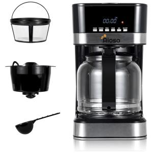 Cafeteira Elétrica Programável com Jarra de Vidro 12 Xícaras, Aço Inoxidavel, 110V 950W, Aiosa, Preta