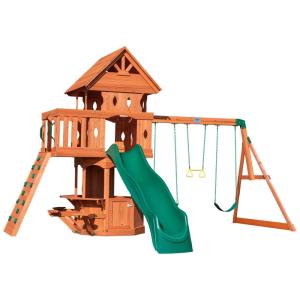 Playground Infantil com Janela de Lanches e 3 Assentos, Parede de Escalada, Escorregador de Ondas, 2 Balanços e 1 Trapézio