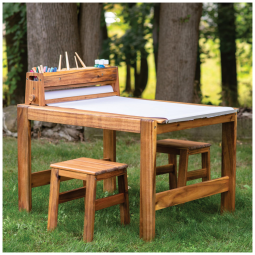 Mesa de arte infantil externa Guidecraft Acadia Natural em madeira acácia com 2 bancos, caddy e rolo de papel