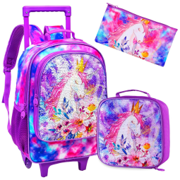 Mochila Escolar Infantil 45cm CCJPX Unicónio Roxo 3 Peças com Lancheira para Crianças, Roxa