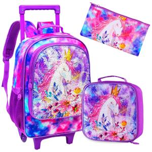 Mochila Escolar Infantil 45cm CCJPX Unicónio Roxo 3 Peças com Lancheira para Crianças, Roxa