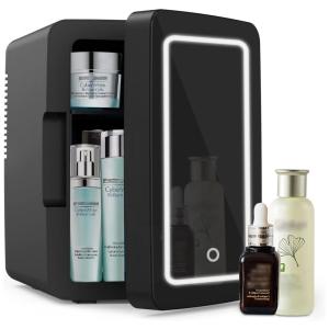 Mini Geladeira para Skincare 6 Litros com Espelho e LED, 12V, 110v, LIVING ENRICHMENT K6100BK, Preto