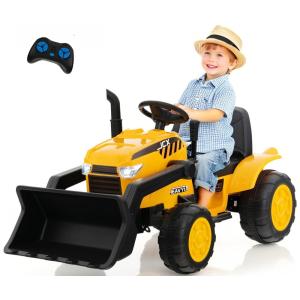 Trator Elétrico Infantil com Controle Remoto, Escavadeira, 2 Velocidades e Música, 12V, OLAKIDS, Amarelo