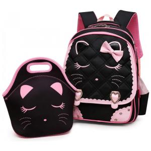 Mochila Escolar Infantil Efree Impermeável com Bolsa de Passeio para Crianças, Gatinho Preto