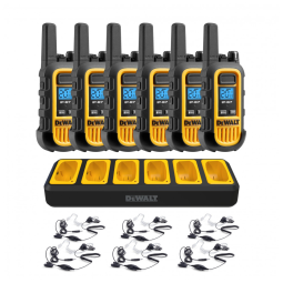 Kit 6 Rádio Walkie Talkie 1W Bidirecionais com 6 Fones de Ouvido e Carregador de Grupo, DEWALT DXFRS300