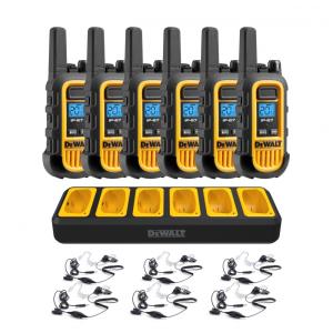 Kit 6 Rádio Walkie Talkie 1W Bidirecionais com 6 Fones de Ouvido e Carregador de Grupo, DEWALT DXFRS300