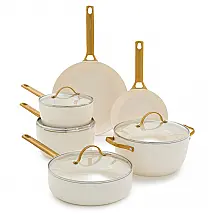 Conjunto de Panelas e Frigideiras de Cerâmicas Anodizadas Antiaderentes 10 Peças com Alça, GreenPan, Branco Creme