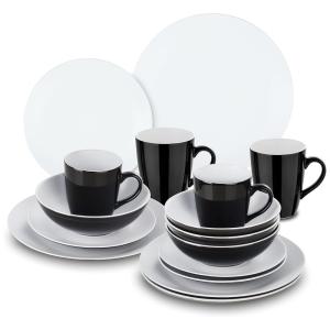 Aparelho de Jantar com 16 Peças em Cerâmica Incluindo Pratos e Bowls, Vancasso, Preto e Branco
