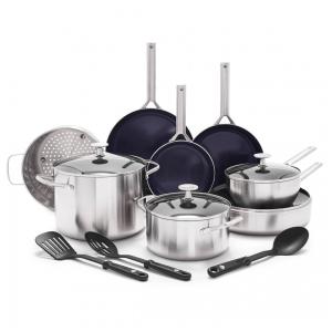 Conjunto de Panelas e Frigideiras Antiaderentes em Aço Inoxidável com Revestimento Cerâmico, 15 Peças, Blue Diamond, Prata