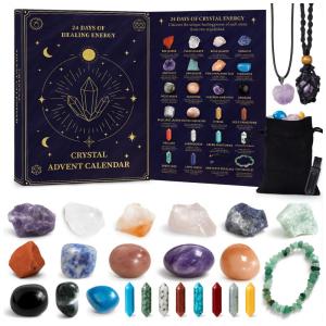 Calendário do Advento de Cristal de Natal 2025 com 24 Pedras Preciosas de Cura em Caixa de Contagem Regressiva com Colar e Pulseira, Crll