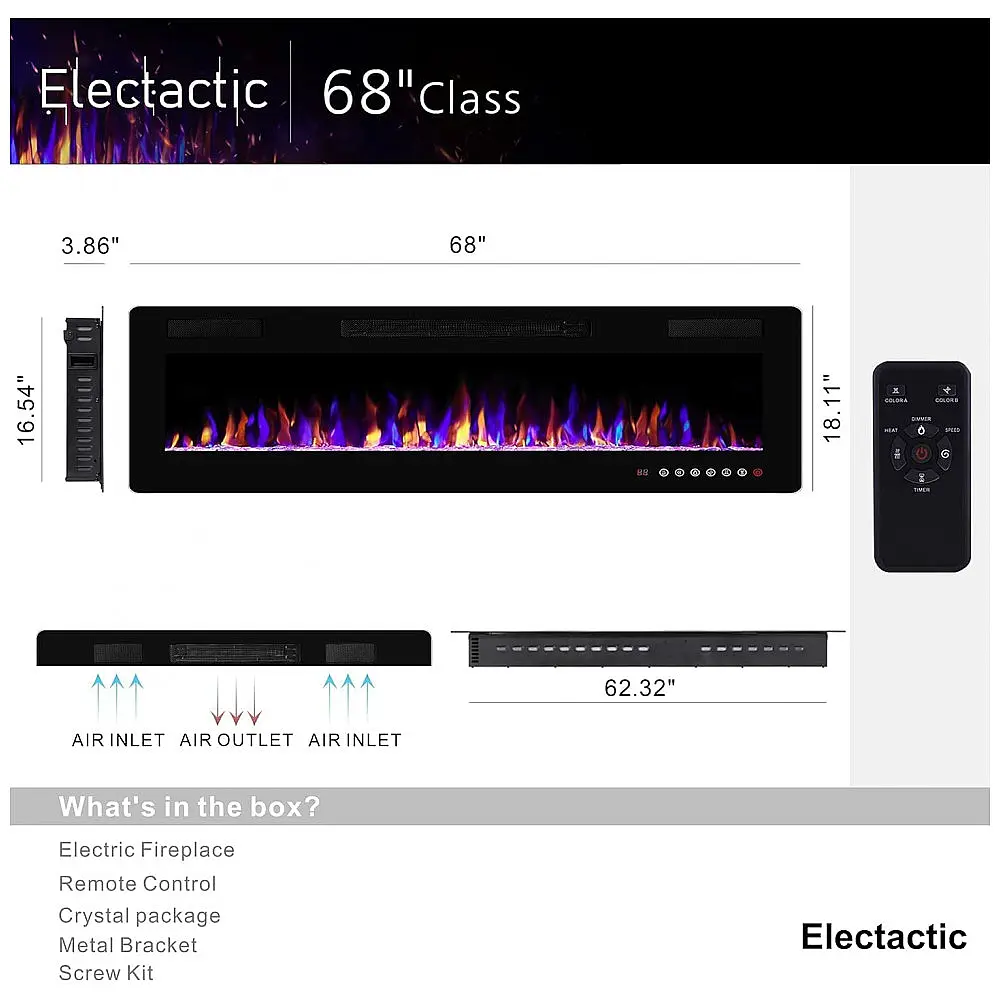 Lareira Elétrica de Embutir A45x172L com Controle Remoto e Digital, Luz LED, Chamas Multicolorida e Temporizador, 1500W, 110v — foto 3