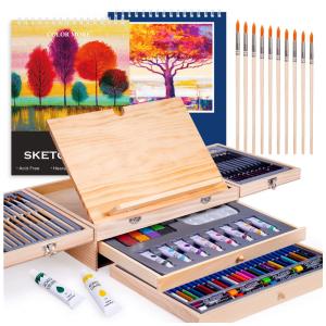 Kit Lápis de Cor Profissional Color More com Maleta de Madeira 85 peças Tintas Acrílicas, Aquarela, Marrom