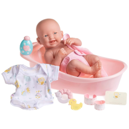 Bebê Recém-Nascido Newborn, Kit de Banho Premium com 8 Itens + Boneca Realista de Vinil 35,56 cm e Acessórios Rosa Impermeáveis