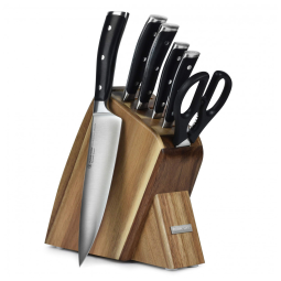 Wu Conjunto de Facas em Aço Inoxidável com Afiador Embutido e Bloco de Bancada 7 Peças, WSTHOF, Preto