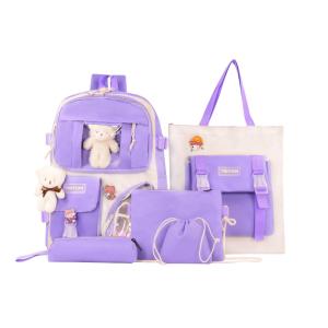 Mochila escolar kawaii Lifelix feminina 5 peças, nylon leve, com bolsa tiracolo, estojo, bolsa de mão e porta-moedas, roxa
