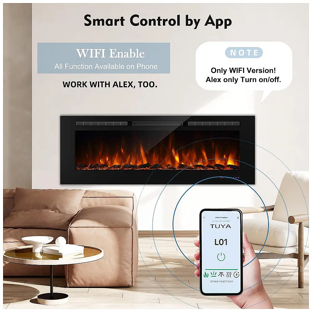 Lareira Elétrica Inteligente de 152 cm com Wi-Fi, 5 Ajustes de Chama, Troncos ou Cristais, Controle de Temperatura por Painel Touch — foto 2