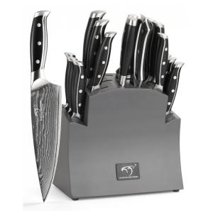 Conjunto de Facas com Bloco de Bancada, Afiador Embutido e Cabo Ergonômico, 16 Peças, NANFANG BROTHERS, Preto