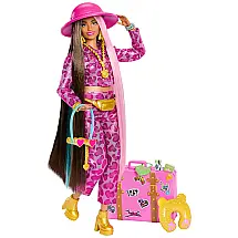 Boneca Barbie com Moda Safari, Mosca Barbie Extra, Roupa Animal Estampado Rosa e Mala Rosa
