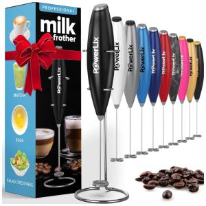 PowerLix Espumador Elétrico de Leite em Aço Inoxidável a Bateria com Suporte, Preto