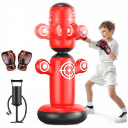 QPAU Bolsa de Pancadas Inflável 360° Rotativa para Crianças com Luvas e Bomba de Ar - Brinquedo de Boxe Vermelho