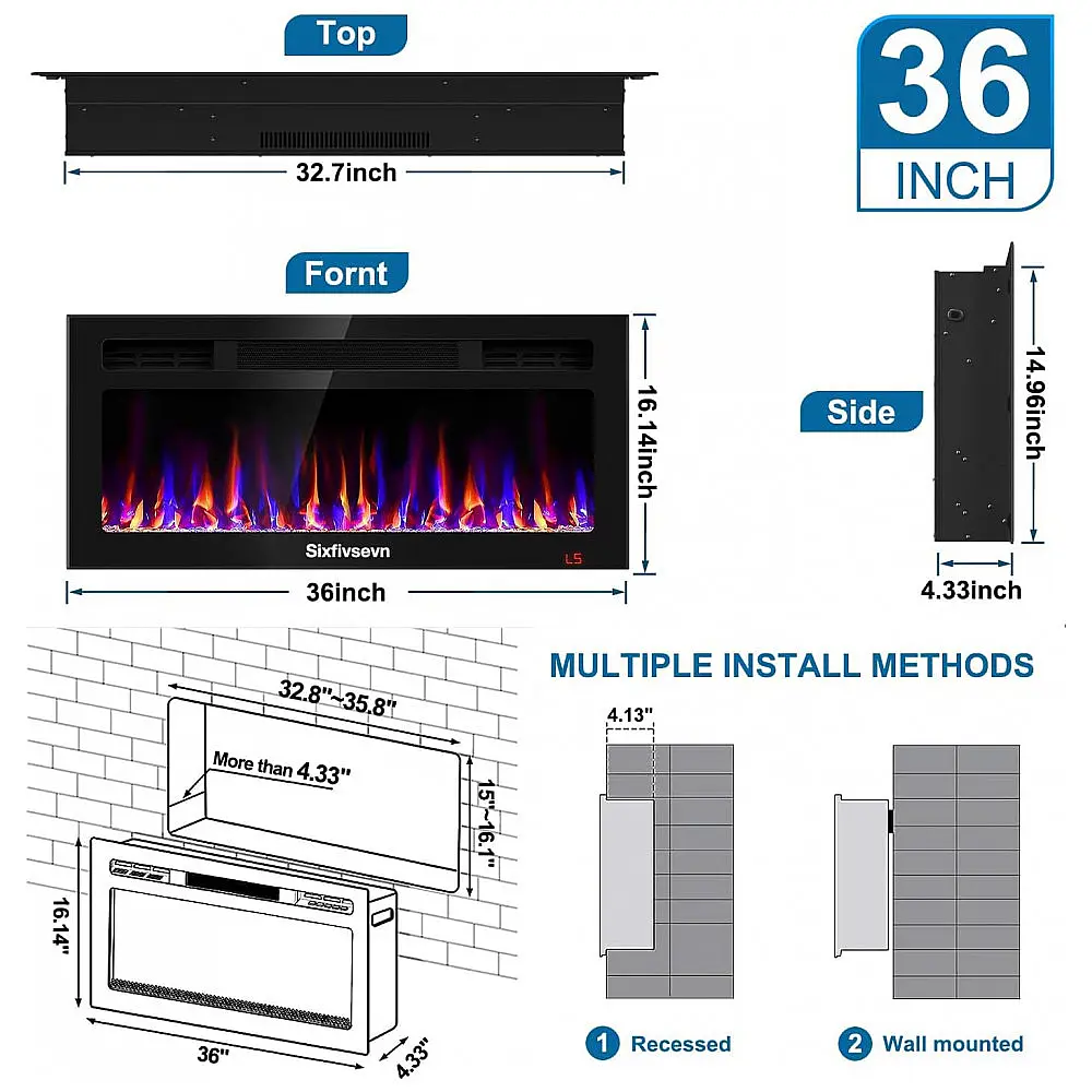 Lareira Elétrica Sixfivsevn 91x41cm 1500W 12 Cores LED Timer Embutir 110V — foto 2